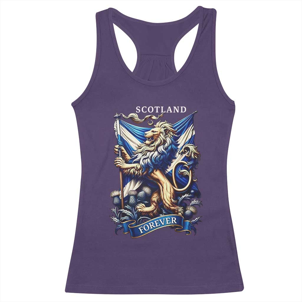Scotland Forever Majestic Lion Rampant Holding Saltire Flag With Thistles Graphic Racerback Tank Top