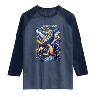 Scotland Forever Majestic Lion Rampant Holding Saltire Flag With Thistles Graphic Raglan Shirt