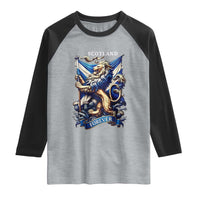Scotland Forever Majestic Lion Rampant Holding Saltire Flag With Thistles Graphic Raglan Shirt