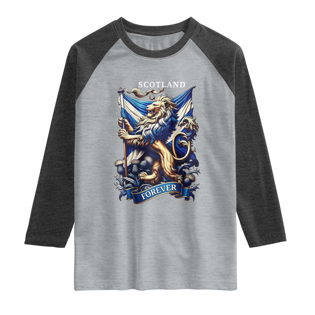 Scotland Forever Majestic Lion Rampant Holding Saltire Flag With Thistles Graphic Raglan Shirt