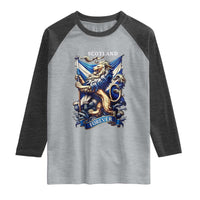 Scotland Forever Majestic Lion Rampant Holding Saltire Flag With Thistles Graphic Raglan Shirt