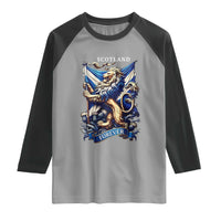Scotland Forever Majestic Lion Rampant Holding Saltire Flag With Thistles Graphic Raglan Shirt