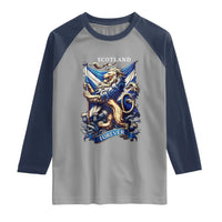 Scotland Forever Majestic Lion Rampant Holding Saltire Flag With Thistles Graphic Raglan Shirt
