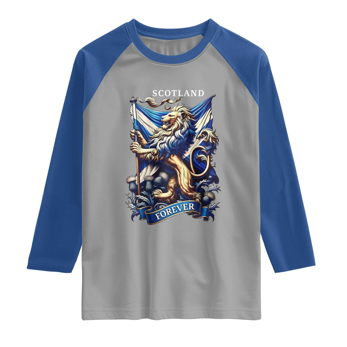 Scotland Forever Majestic Lion Rampant Holding Saltire Flag With Thistles Graphic Raglan Shirt