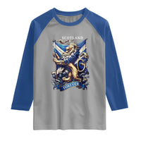 Scotland Forever Majestic Lion Rampant Holding Saltire Flag With Thistles Graphic Raglan Shirt