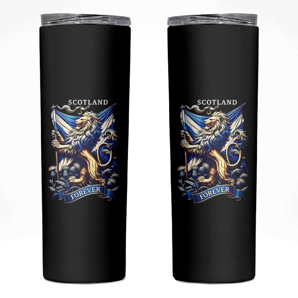 Scotland Forever Majestic Lion Rampant Holding Saltire Flag With Thistles Graphic Skinny Tumbler