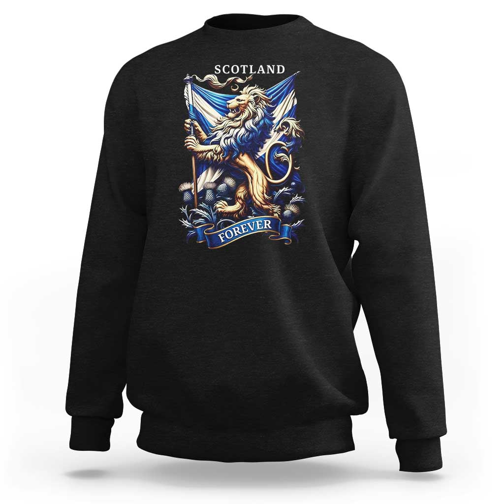 Scotland Forever Majestic Lion Rampant Holding Saltire Flag With Thistles Graphic Sweatshirt