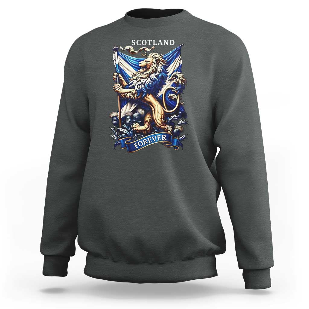 Scotland Forever Majestic Lion Rampant Holding Saltire Flag With Thistles Graphic Sweatshirt