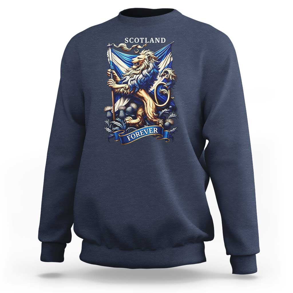 Scotland Forever Majestic Lion Rampant Holding Saltire Flag With Thistles Graphic Sweatshirt