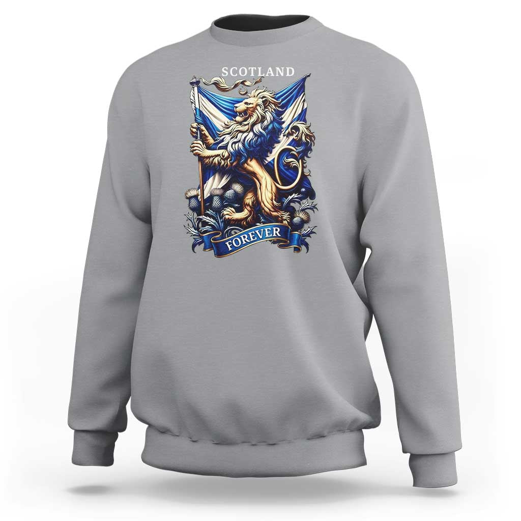 Scotland Forever Majestic Lion Rampant Holding Saltire Flag With Thistles Graphic Sweatshirt