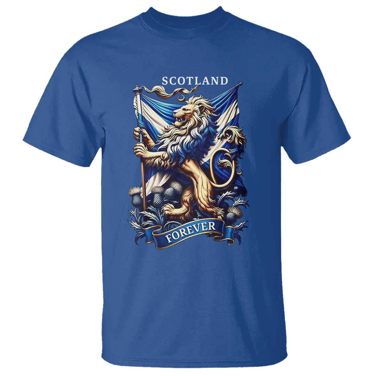 Scotland Forever Majestic Lion Rampant Holding Saltire Flag With Thistles Graphic T Shirt