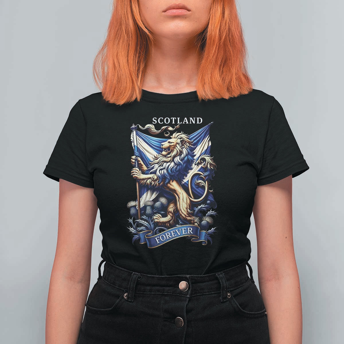 Scotland Forever Majestic Lion Rampant Holding Saltire Flag With Thistles Graphic T Shirt For Women