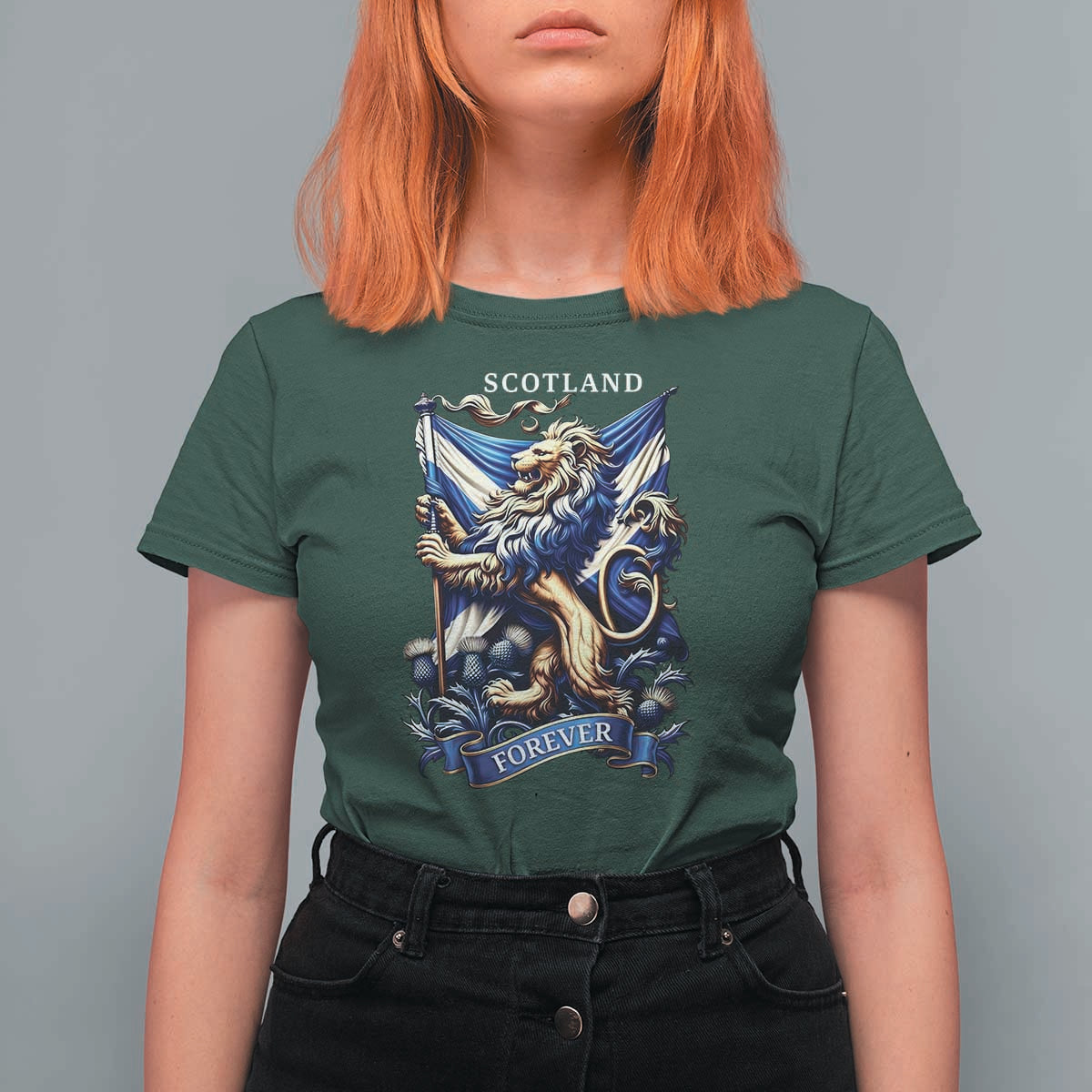 Scotland Forever Majestic Lion Rampant Holding Saltire Flag With Thistles Graphic T Shirt For Women