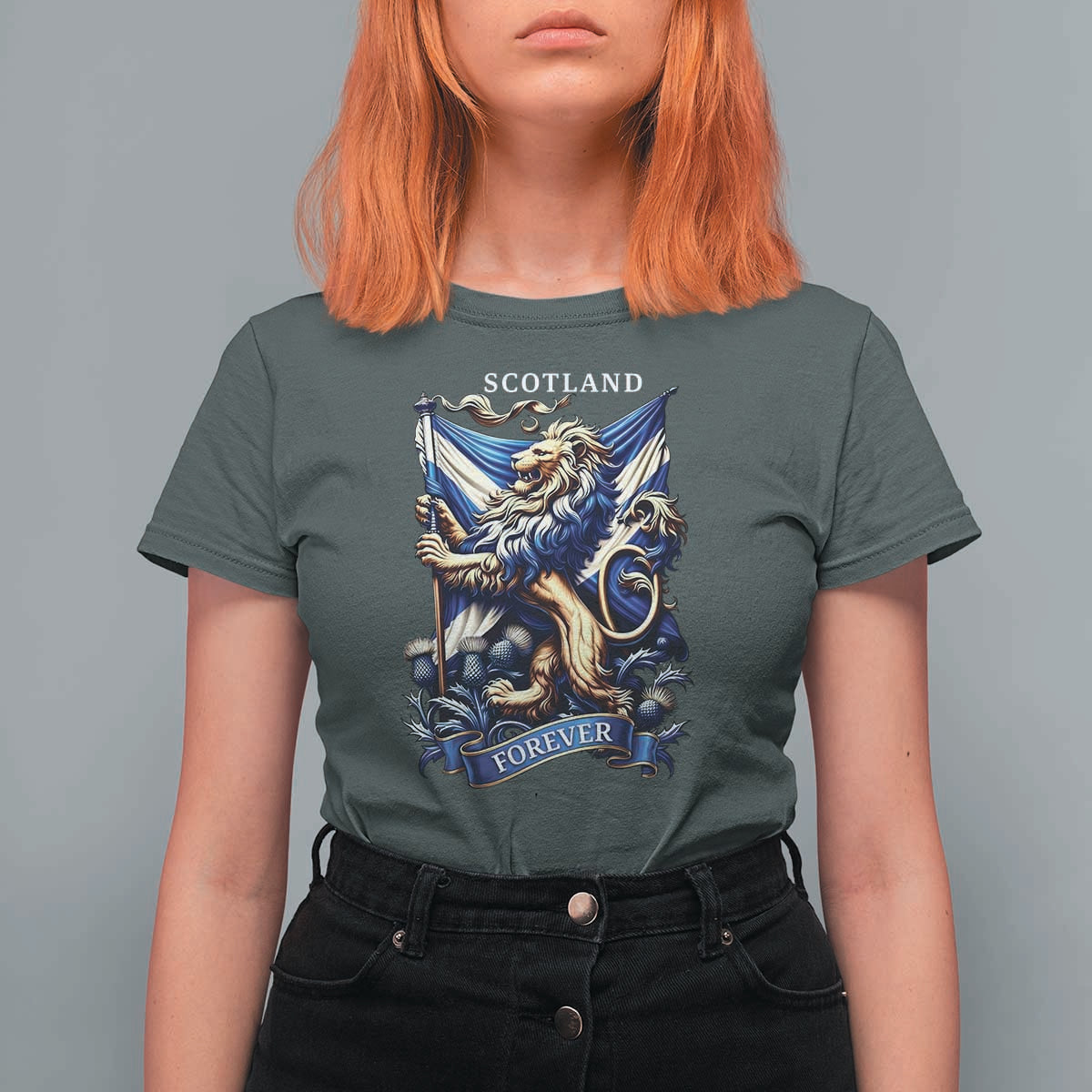 Scotland Forever Majestic Lion Rampant Holding Saltire Flag With Thistles Graphic T Shirt For Women
