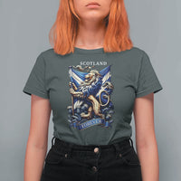 Scotland Forever Majestic Lion Rampant Holding Saltire Flag With Thistles Graphic T Shirt For Women