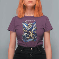 Scotland Forever Majestic Lion Rampant Holding Saltire Flag With Thistles Graphic T Shirt For Women