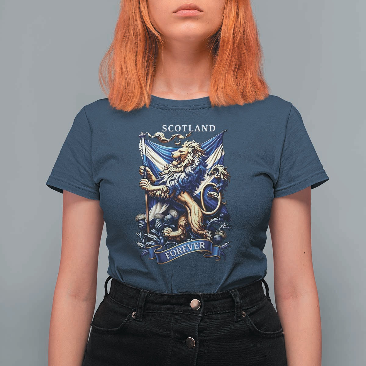 Scotland Forever Majestic Lion Rampant Holding Saltire Flag With Thistles Graphic T Shirt For Women