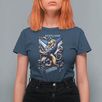 Scotland Forever Majestic Lion Rampant Holding Saltire Flag With Thistles Graphic T Shirt For Women