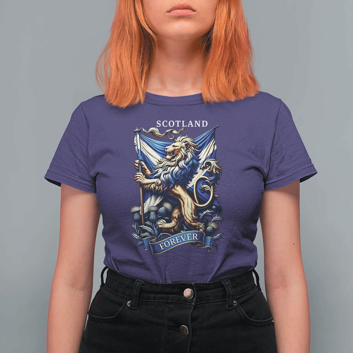 Scotland Forever Majestic Lion Rampant Holding Saltire Flag With Thistles Graphic T Shirt For Women