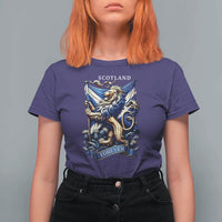 Scotland Forever Majestic Lion Rampant Holding Saltire Flag With Thistles Graphic T Shirt For Women