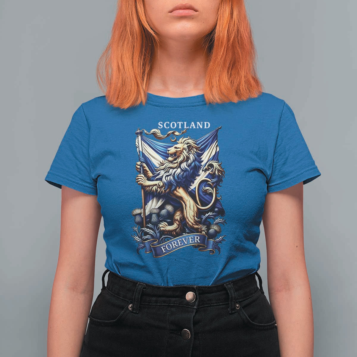 Scotland Forever Majestic Lion Rampant Holding Saltire Flag With Thistles Graphic T Shirt For Women
