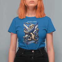 Scotland Forever Majestic Lion Rampant Holding Saltire Flag With Thistles Graphic T Shirt For Women