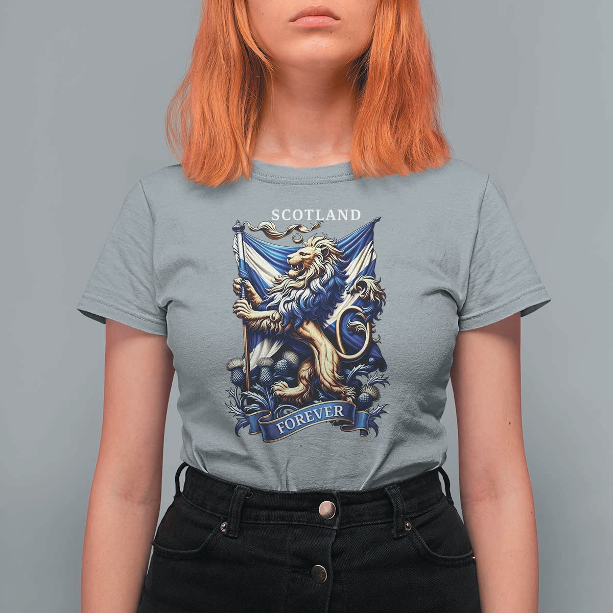 Scotland Forever Majestic Lion Rampant Holding Saltire Flag With Thistles Graphic T Shirt For Women