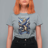 Scotland Forever Majestic Lion Rampant Holding Saltire Flag With Thistles Graphic T Shirt For Women
