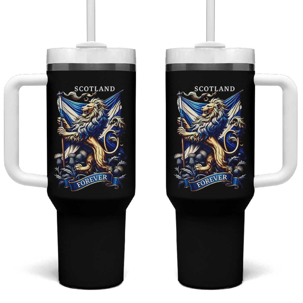 Scotland Forever Majestic Lion Rampant Holding Saltire Flag With Thistles Graphic Tumbler With Handle