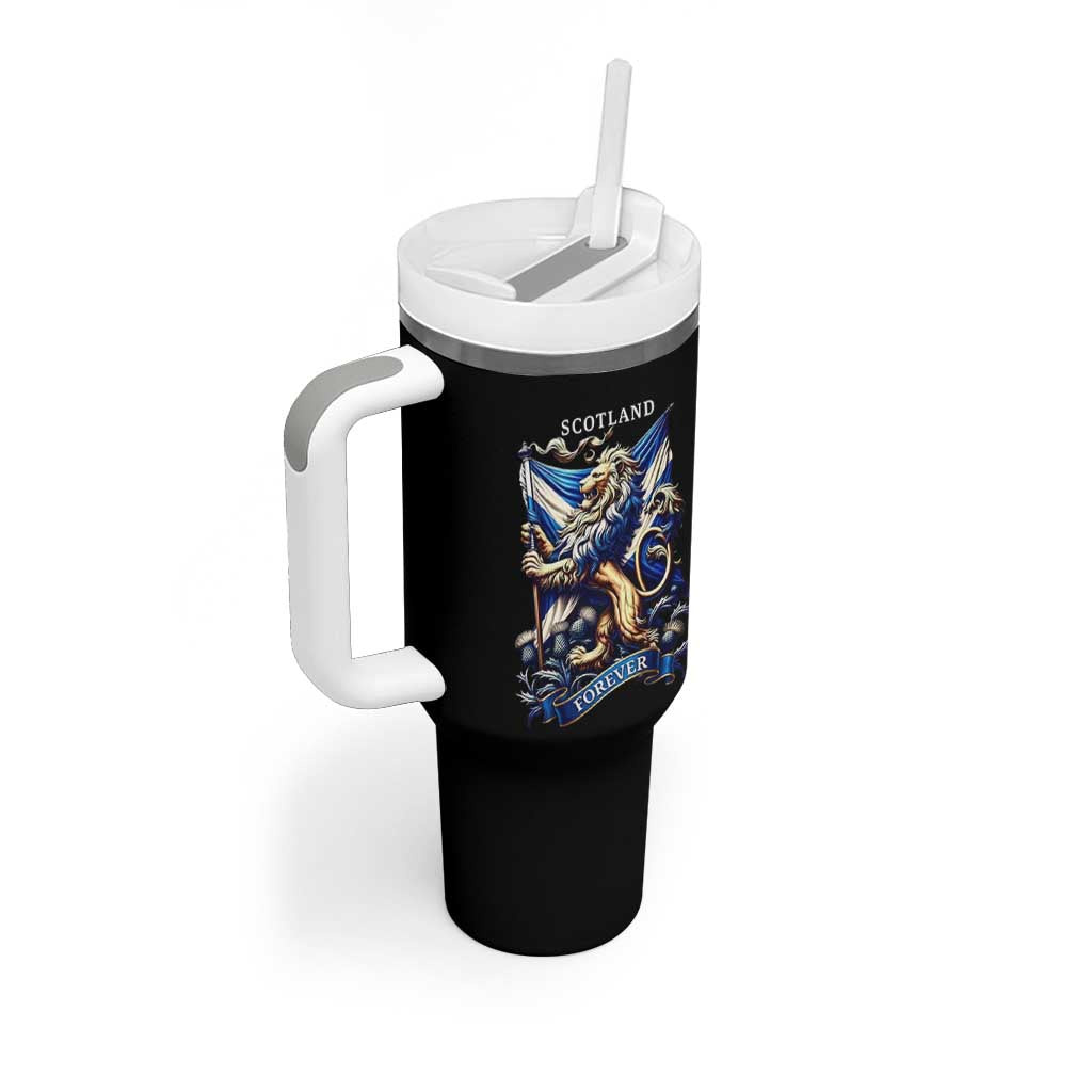 Scotland Forever Majestic Lion Rampant Holding Saltire Flag With Thistles Graphic Tumbler With Handle