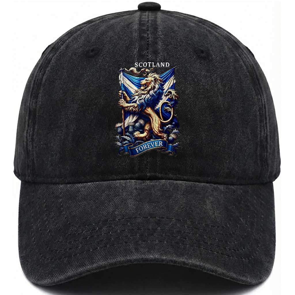 Scotland Forever Majestic Lion Rampant Holding Saltire Flag With Thistles Graphic Washed Cotton Baseball Cap
