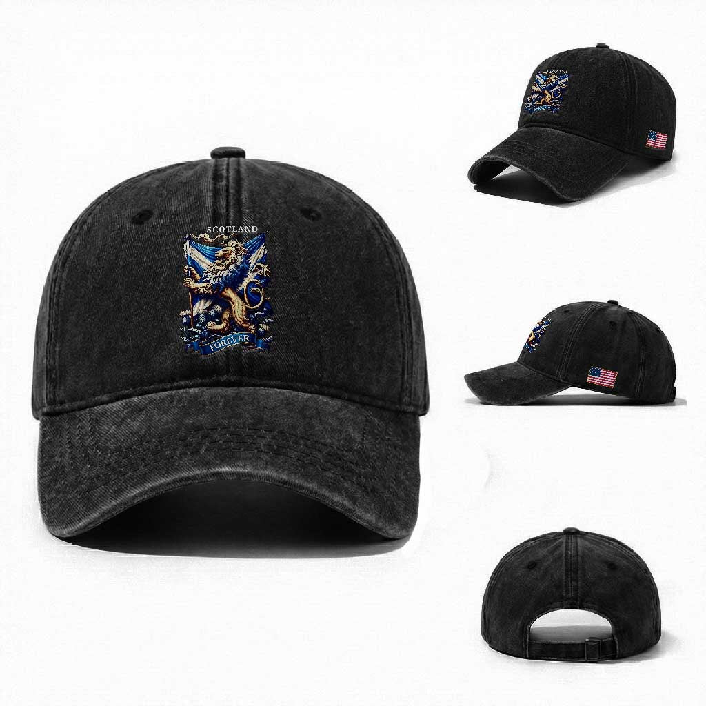 Scotland Forever Majestic Lion Rampant Holding Saltire Flag With Thistles Graphic Washed Cotton Baseball Cap