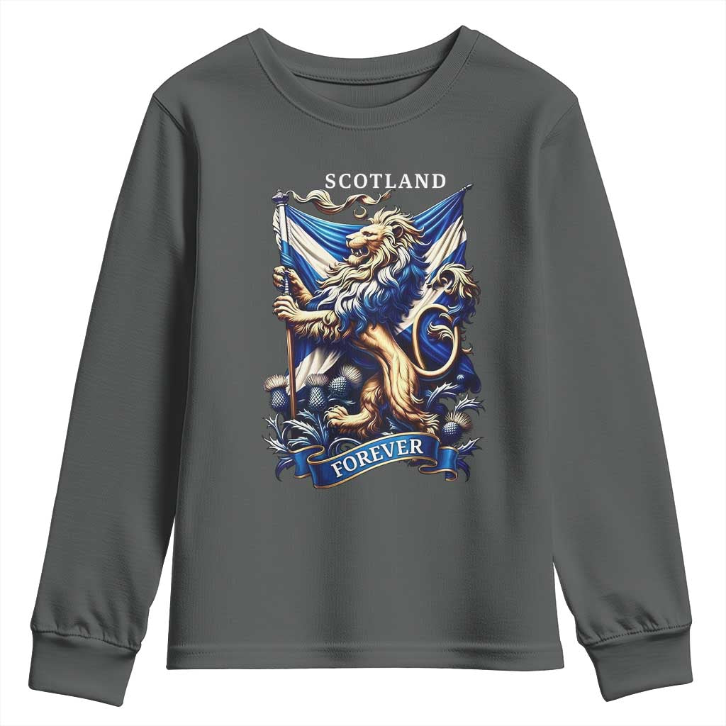 Scotland Forever Majestic Lion Rampant Holding Saltire Flag With Thistles Graphic Youth Sweatshirt