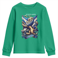 Scotland Forever Majestic Lion Rampant Holding Saltire Flag With Thistles Graphic Youth Sweatshirt
