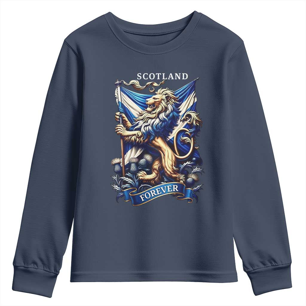 Scotland Forever Majestic Lion Rampant Holding Saltire Flag With Thistles Graphic Youth Sweatshirt
