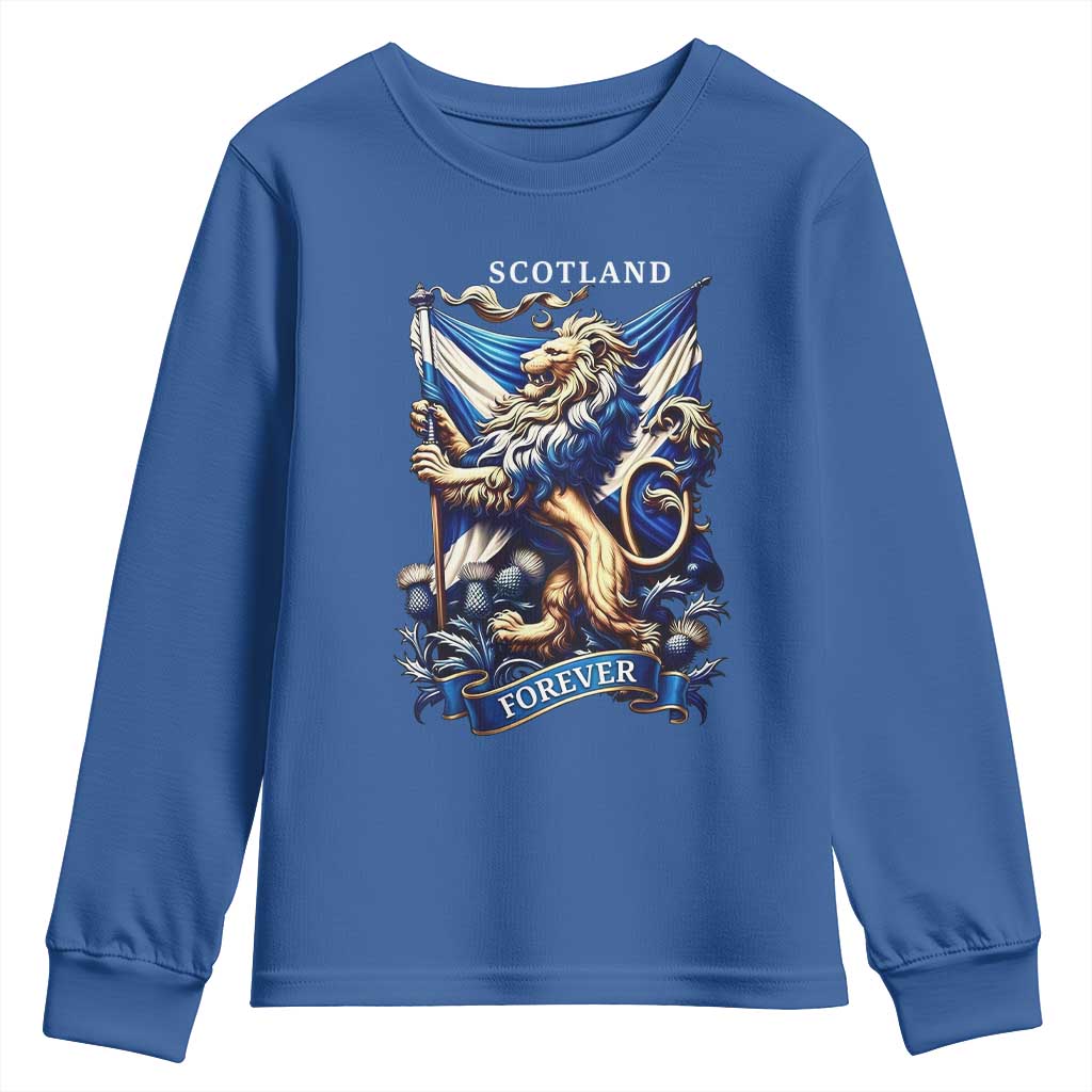 Scotland Forever Majestic Lion Rampant Holding Saltire Flag With Thistles Graphic Youth Sweatshirt