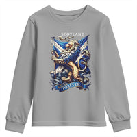 Scotland Forever Majestic Lion Rampant Holding Saltire Flag With Thistles Graphic Youth Sweatshirt