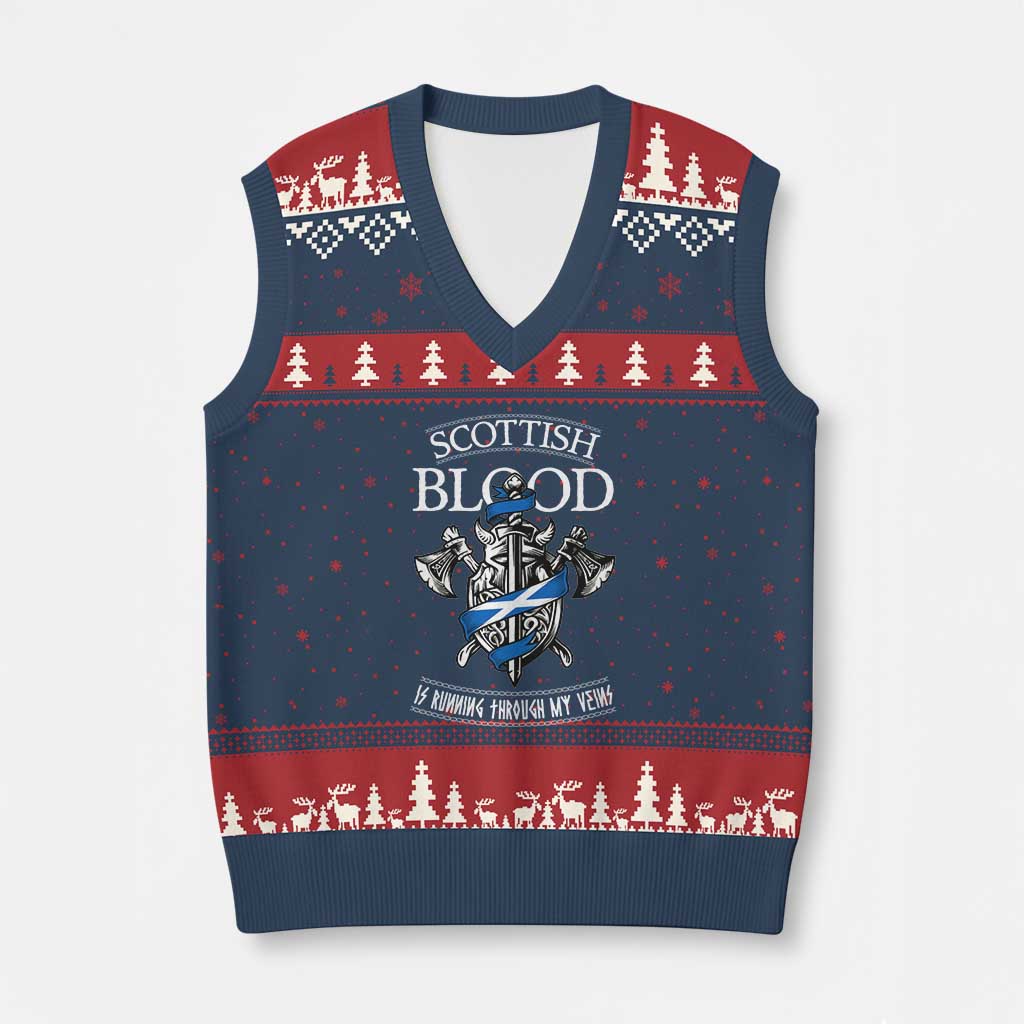 Scottish Blood Running Through My Veins V-Neck Knit Sweater Vest Viking Axe and Sword Heritage - Wonder Print Shop
