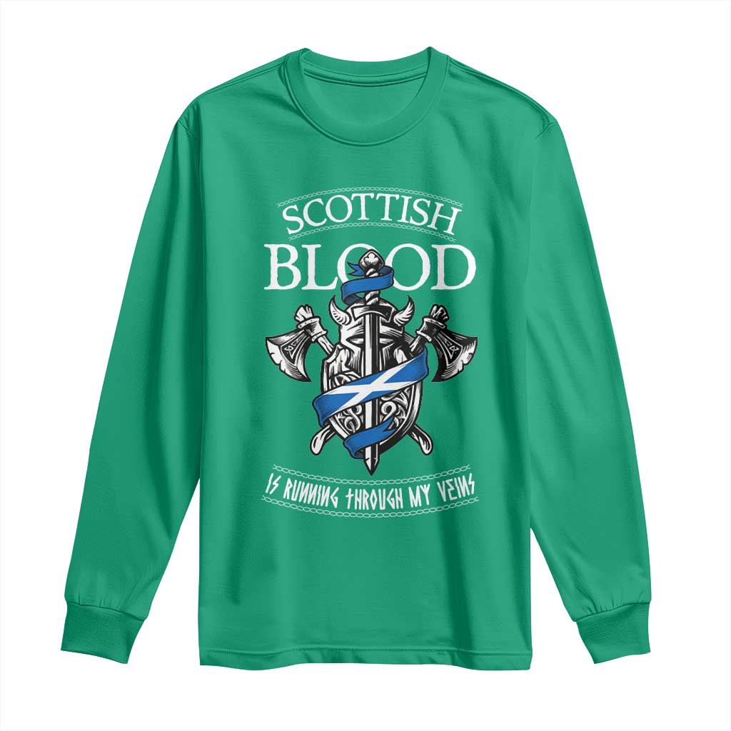 Scottish Blood Running Through My Veins Long Sleeve Shirt Viking Axe and Sword Heritage - Wonder Print Shop