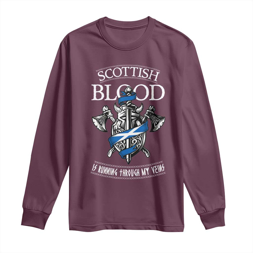Scottish Blood Running Through My Veins Long Sleeve Shirt Viking Axe and Sword Heritage - Wonder Print Shop