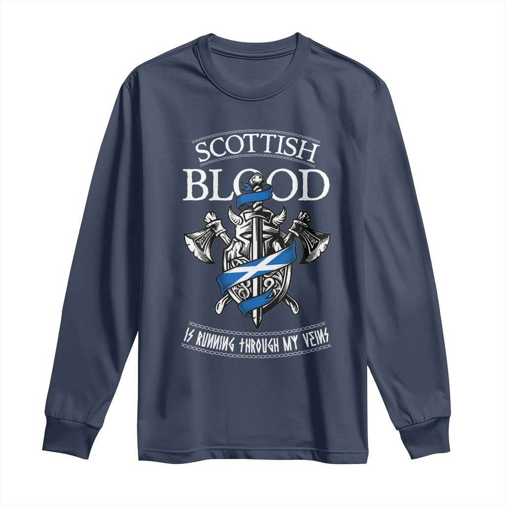 Scottish Blood Running Through My Veins Long Sleeve Shirt Viking Axe and Sword Heritage - Wonder Print Shop