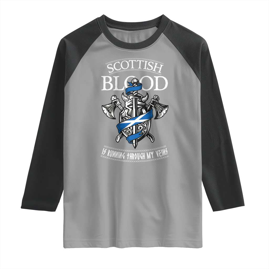 Scottish Blood Running Through My Veins Raglan Shirt Viking Axe and Sword Heritage - Wonder Print Shop