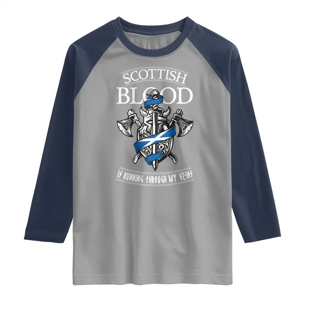 Scottish Blood Running Through My Veins Raglan Shirt Viking Axe and Sword Heritage - Wonder Print Shop