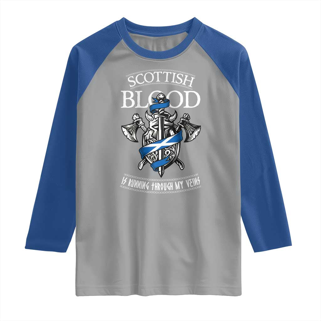 Scottish Blood Running Through My Veins Raglan Shirt Viking Axe and Sword Heritage - Wonder Print Shop