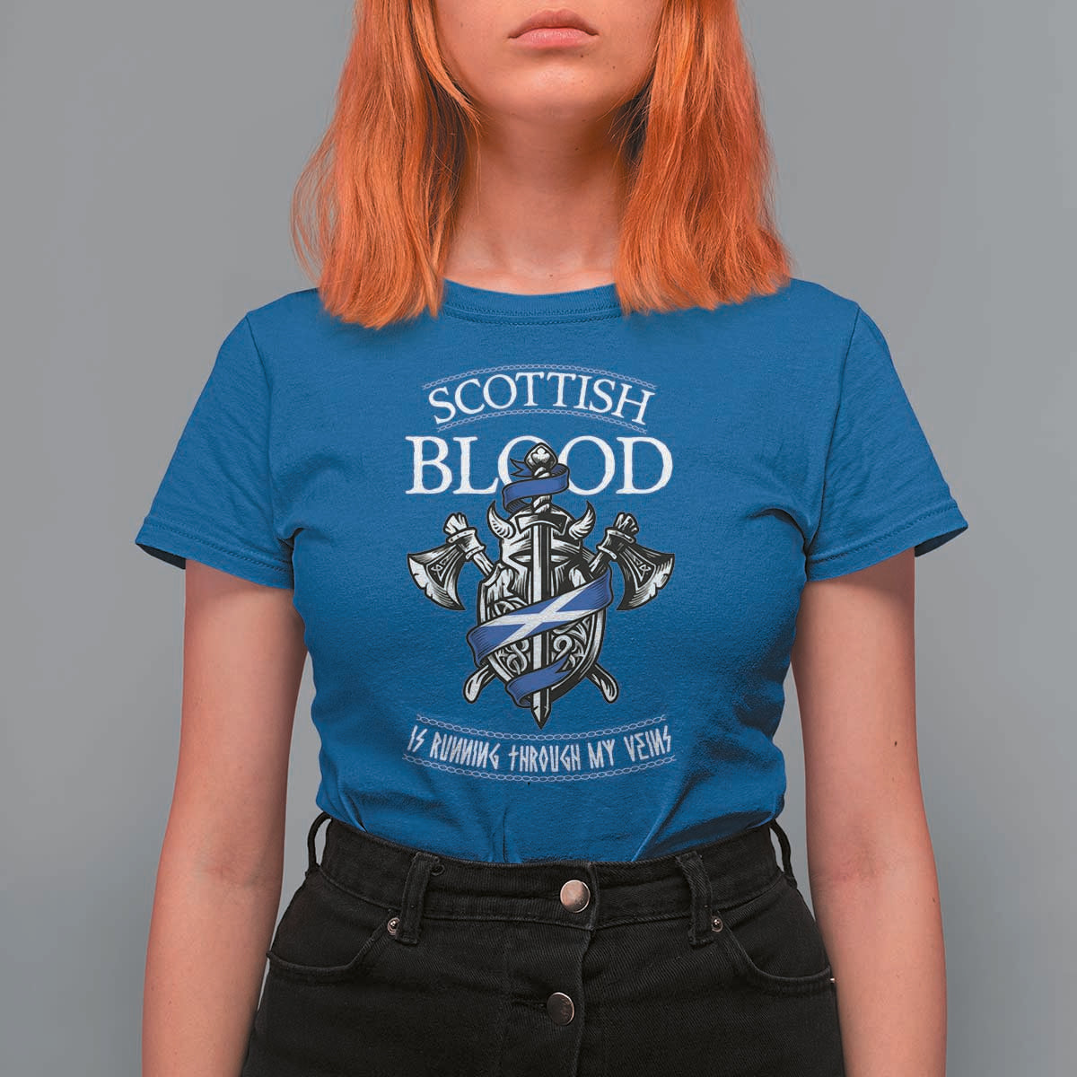 Scottish Blood Running Through My Veins T Shirt For Women Viking Axe and Sword Heritage - Wonder Print Shop