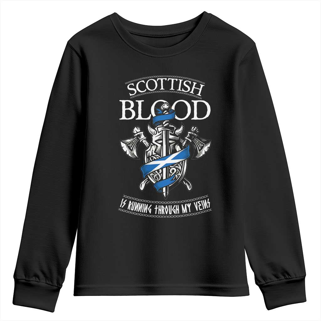 Scottish Blood Running Through My Veins Youth Sweatshirt Viking Axe and Sword Heritage - Wonder Print Shop
