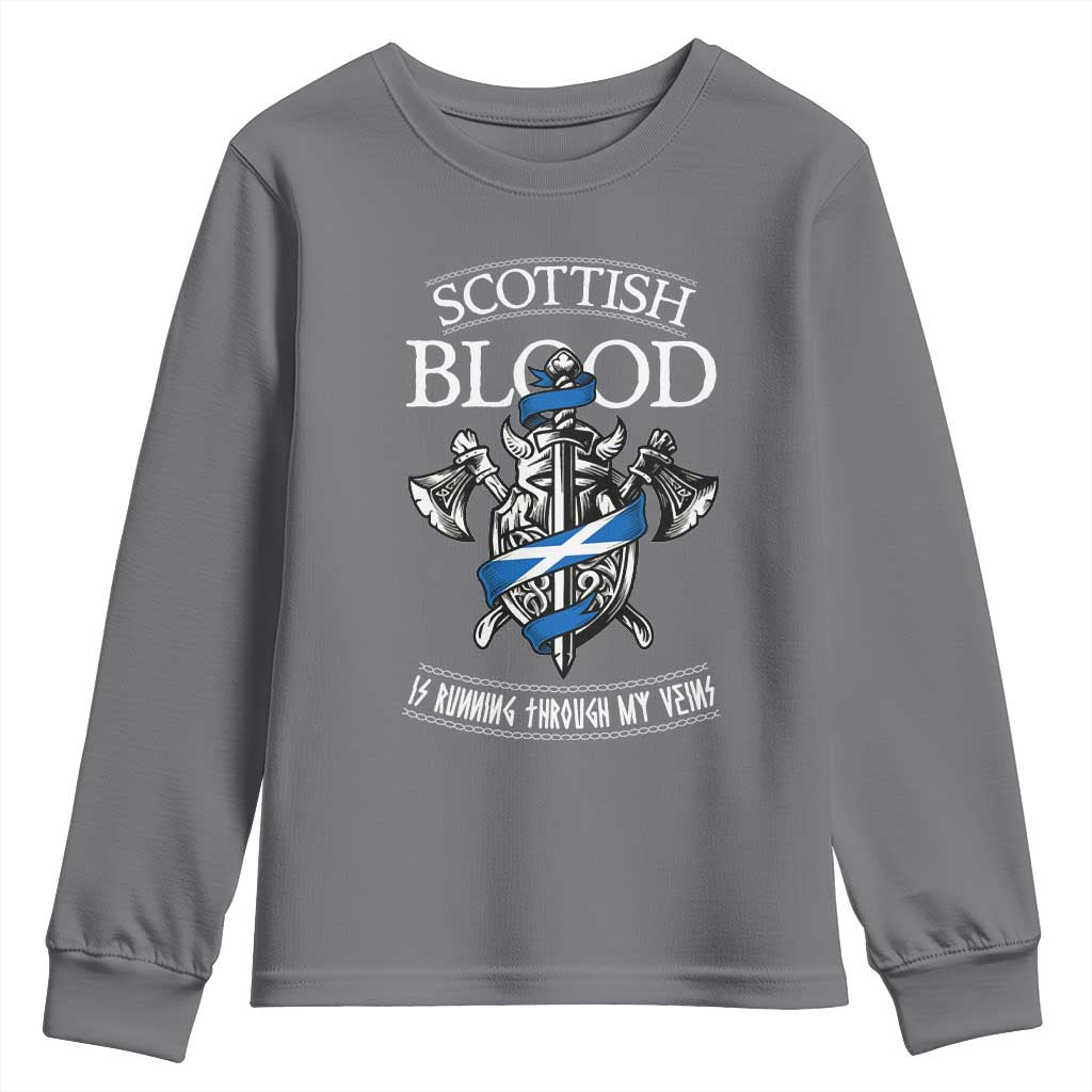Scottish Blood Running Through My Veins Youth Sweatshirt Viking Axe and Sword Heritage - Wonder Print Shop