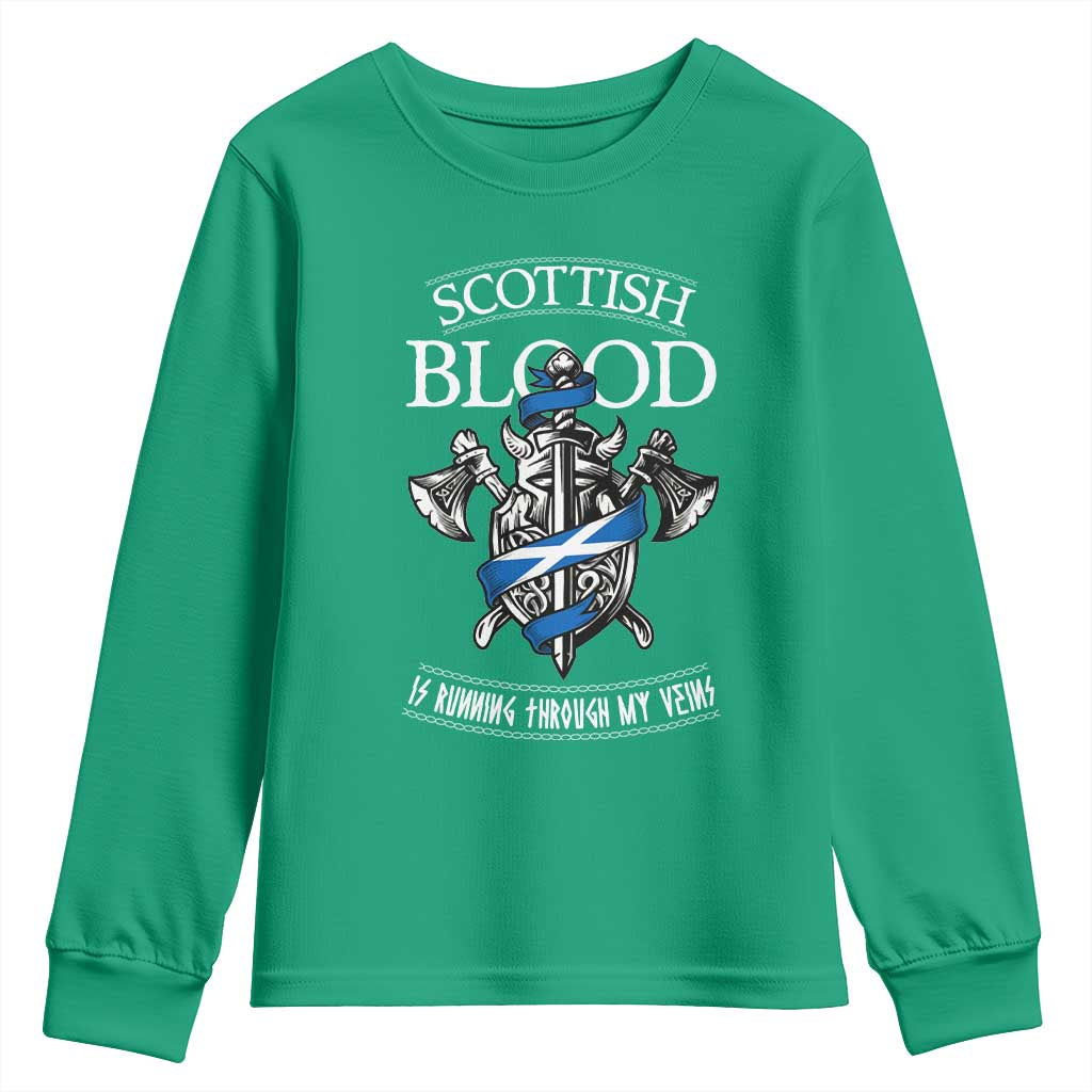 Scottish Blood Running Through My Veins Youth Sweatshirt Viking Axe and Sword Heritage - Wonder Print Shop