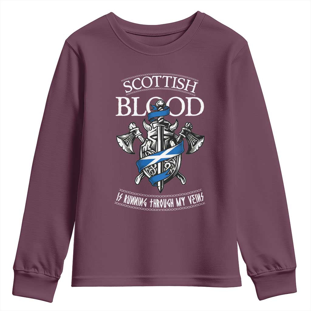 Scottish Blood Running Through My Veins Youth Sweatshirt Viking Axe and Sword Heritage - Wonder Print Shop