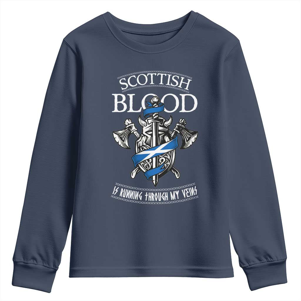 Scottish Blood Running Through My Veins Youth Sweatshirt Viking Axe and Sword Heritage - Wonder Print Shop